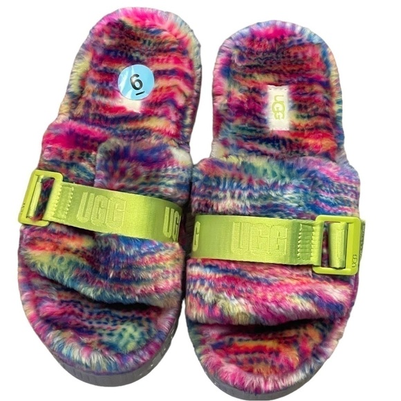 UGG "Pixelate Print" Rainbow Colored/Multicolored Plush Fuzzy Slipper Slides - Picture 2 of 11